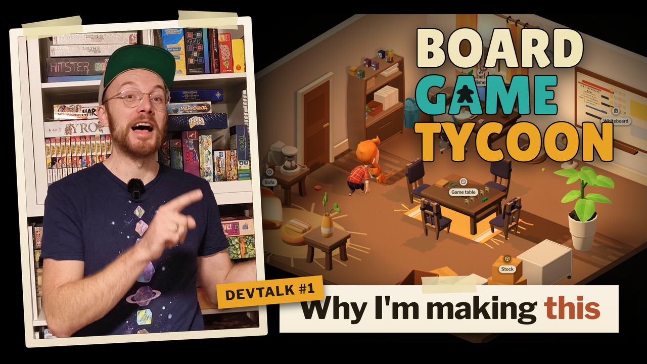 Dev Talk #1 thumbnail: a photo of the developer in front of a shelf full of board games next to the game's office, captioned Why I'm making this