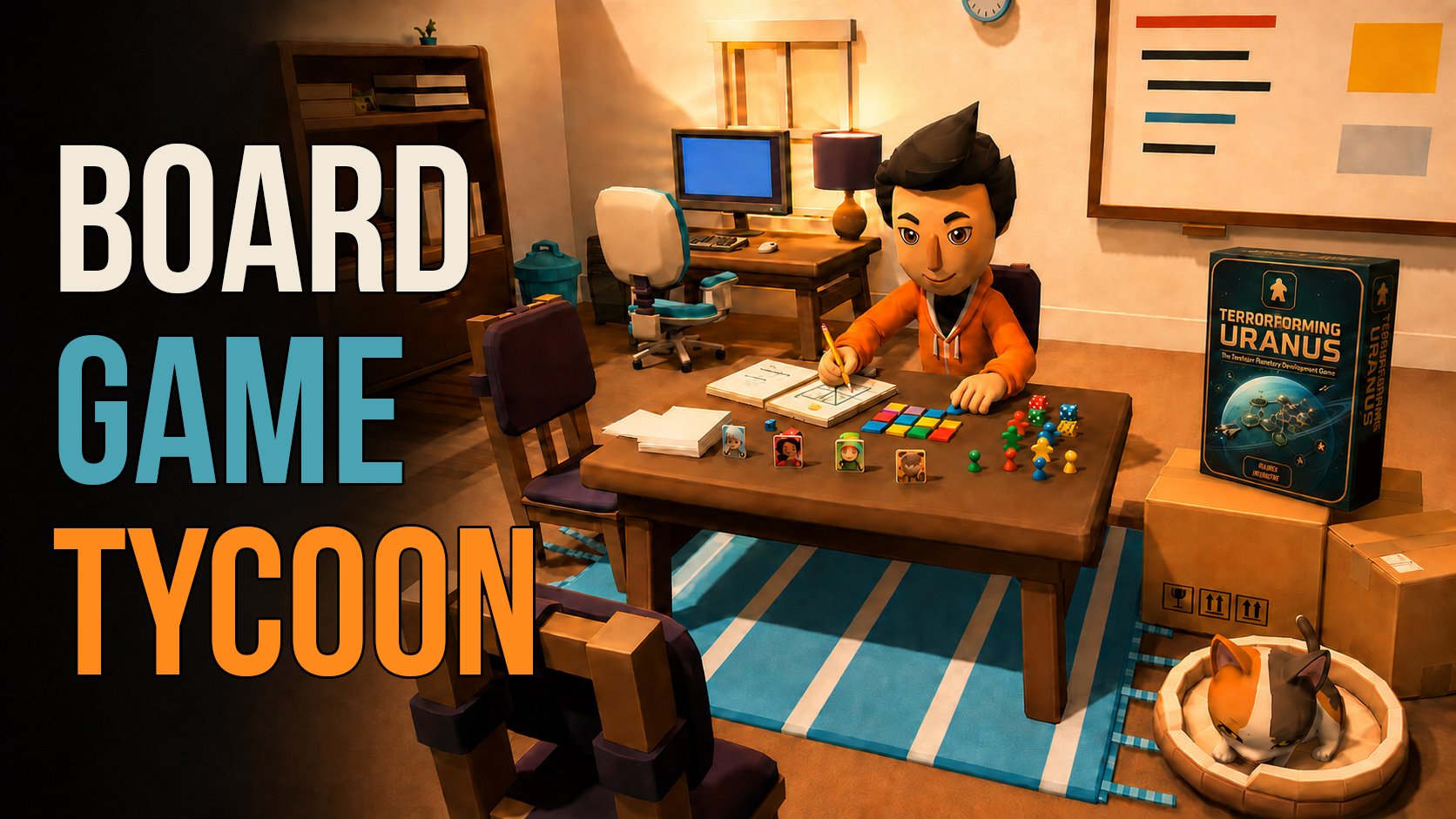 Board Game Tycoon key art: the publisher sketches a prototype at the play table, with a finished game box and shipping boxes nearby