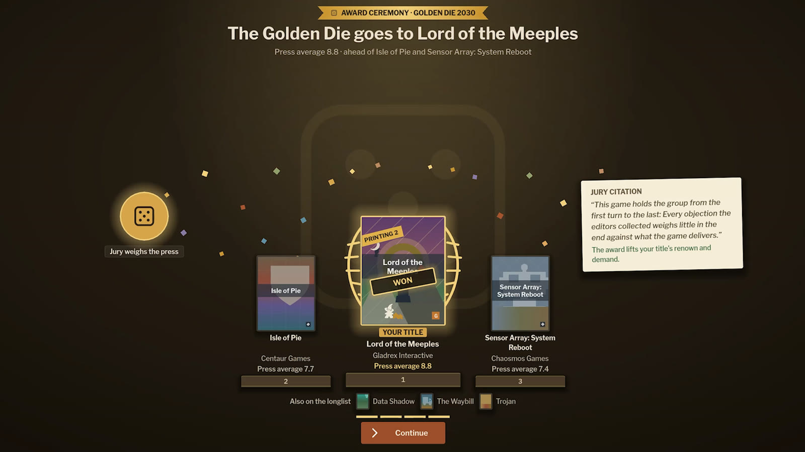 Award ceremony on the dark stage: three finalists on the podium, Lord of the Meeples in the middle wins the Golden Die, confetti and the jury citation beside it