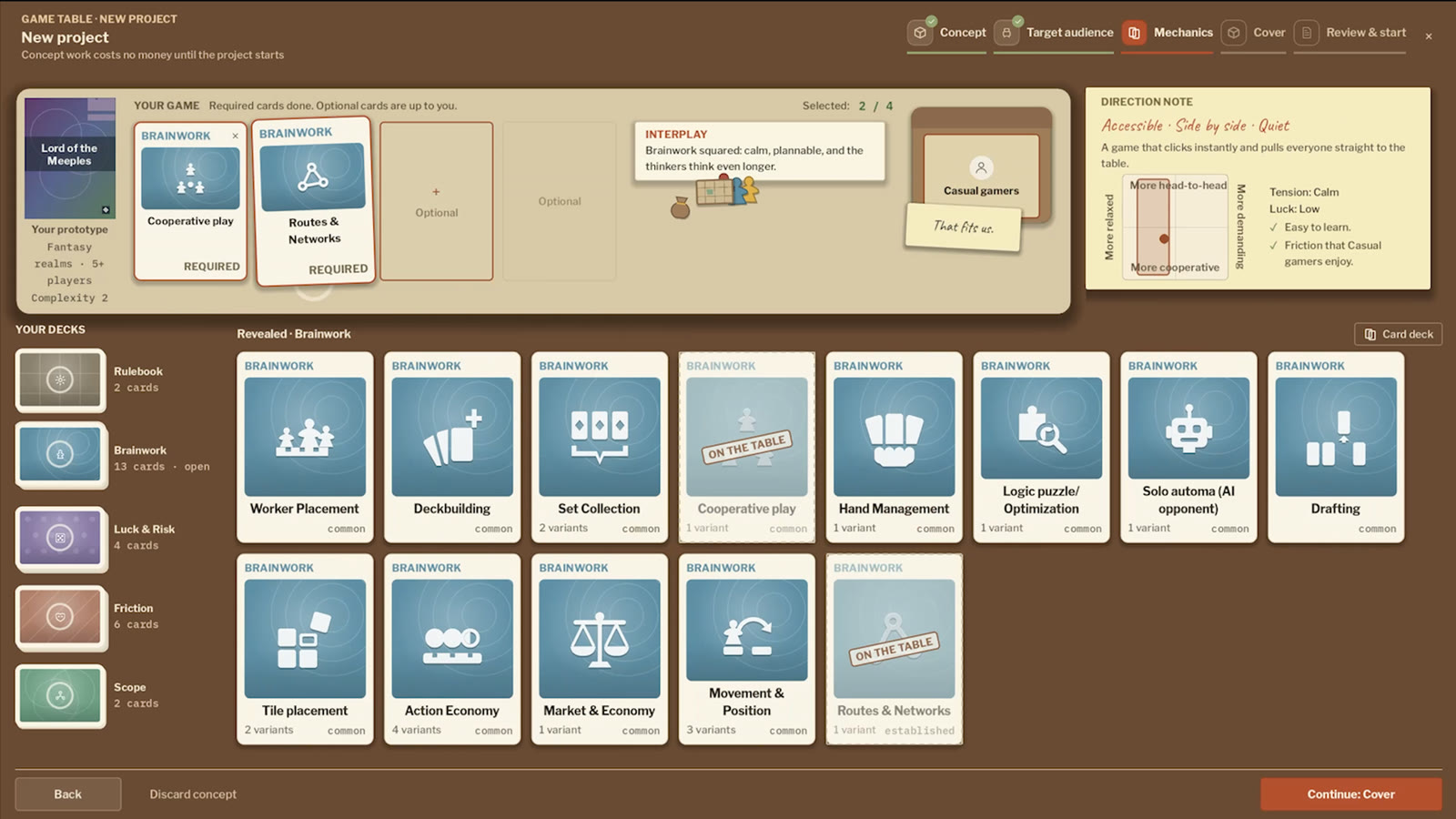 The mechanics step of the project assistant: two Brainwork cards laid on the table, the open deck of thirteen cards below, the direction note on the right