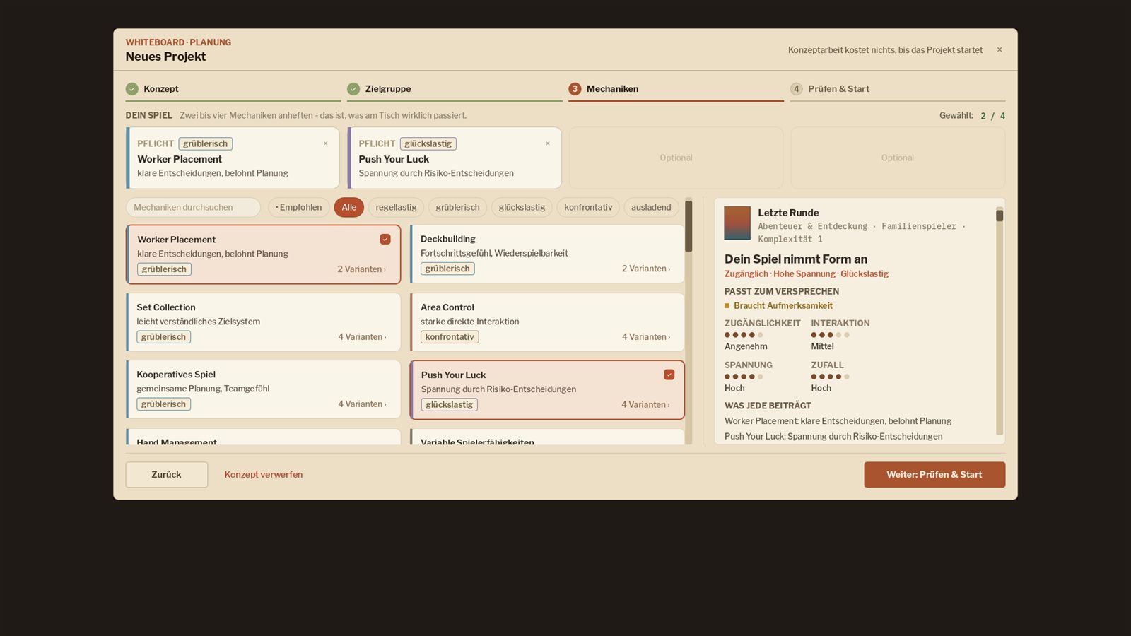 The project wizard's mechanics workbench with mechanic cards, category filters and the design direction panel