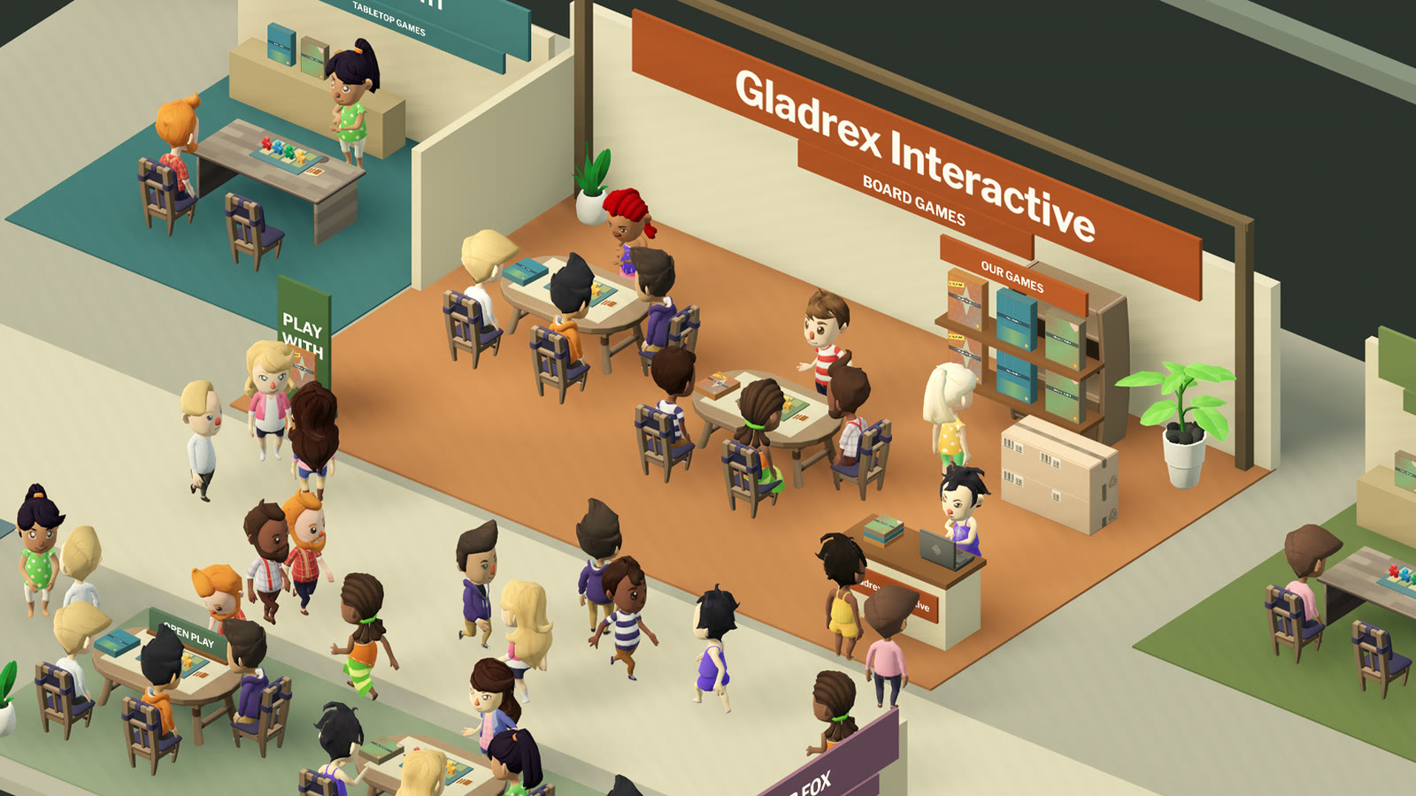 The publisher's stand at the fair: the Gladrex Interactive banner over two demo tables full of visitors, a shelf of games, boxes and a queue in front of the stand