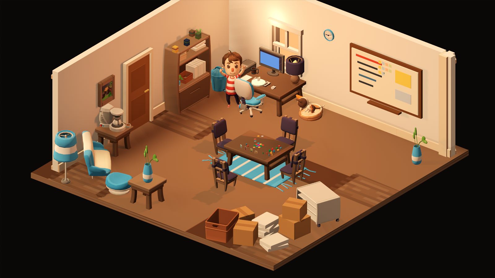 The full studio after a release, with shipping boxes stacked by the door and the dog asleep next to the desk
