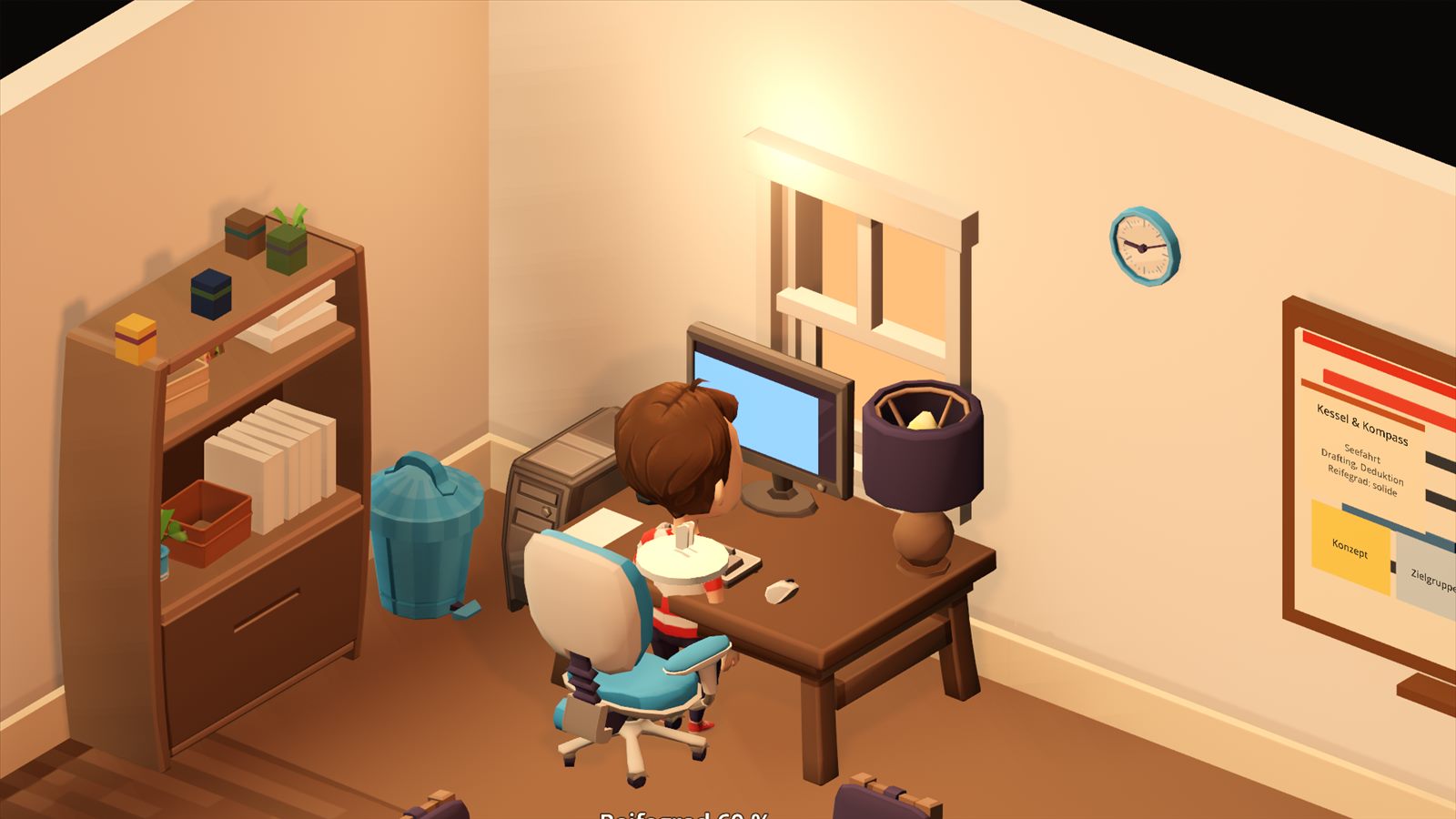 The publisher works at the PC in the isometric office, with the current project pinned to the whiteboard