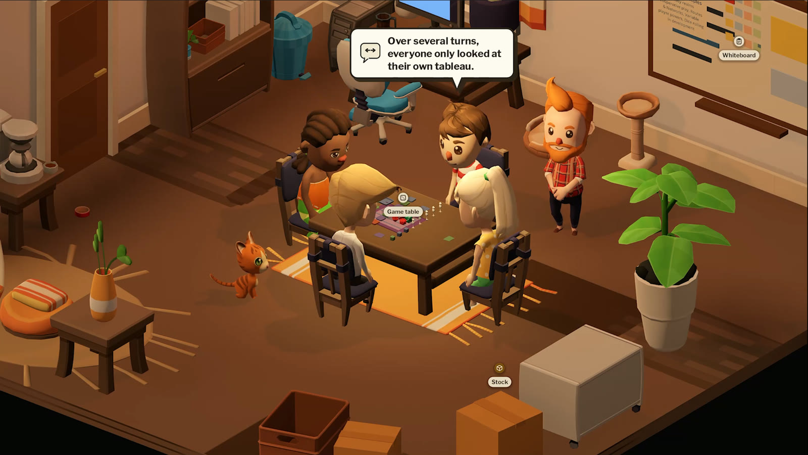 Playtest night in the studio: four testers around the game table, the cat watching, hotspot labels for the game table, the whiteboard and the stock corner, and a speech bubble reading: Over several turns, everyone only looked at their own tableau