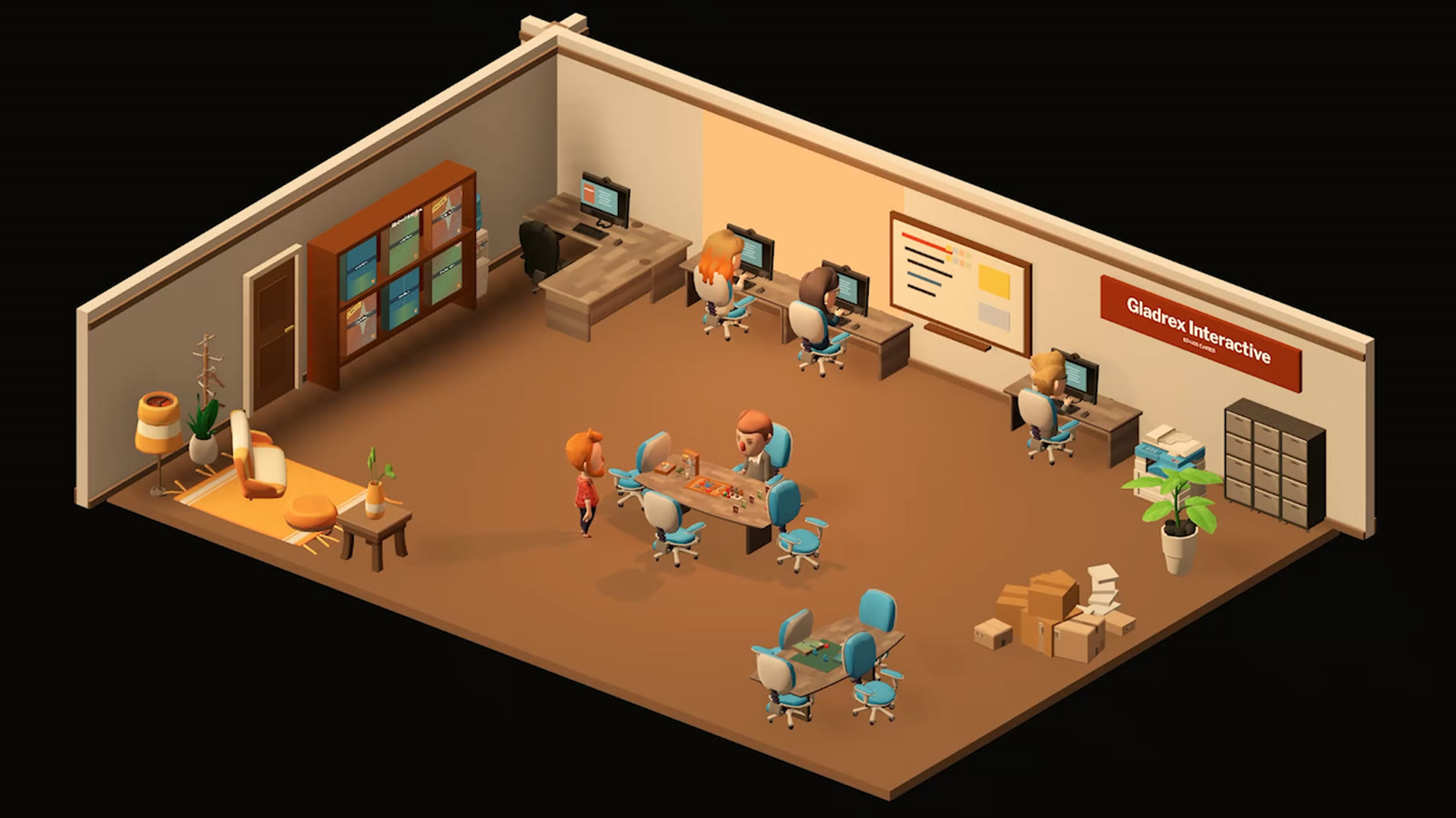 A larger office with a team at their desks, a game table in the middle, the publisher's shelf by the door and the studio name on the wall