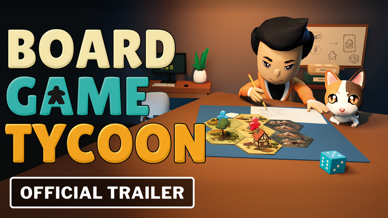 Announcement trailer thumbnail with the Board Game Tycoon logo, the publisher and cat at the game table, and an Official Trailer label