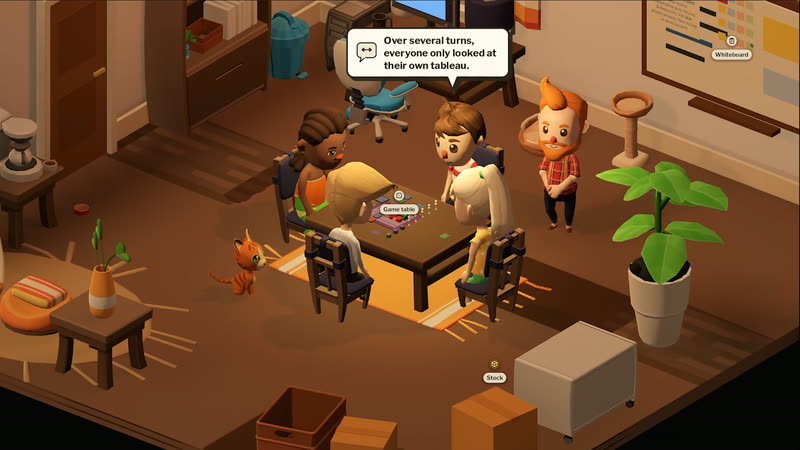 Playtest night in the studio: four testers around the game table, the cat watching, and a speech bubble with an observation
