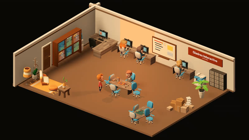 A larger office with a team at their desks, a game table in the middle and the publisher's shelf by the door