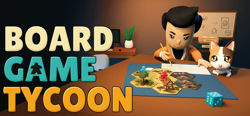 Key art with the Board Game Tycoon logo: the publisher sketches a prototype at the play table while the cat watches